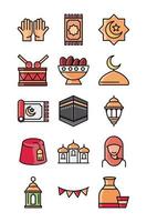 eid mubarak, celebración religiosa islámica, iconos tradicionales, conjunto de iconos de estilo plano vector