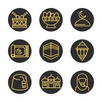 eid mubarak islamic religious celebration traditional icons set flat style icon vector