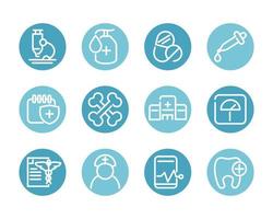 medical and health care equipment assistance icon set block style vector