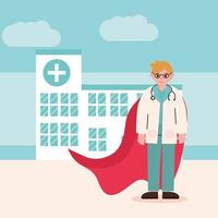 doctor hero physician professional with glasses stethoscope and cape vector