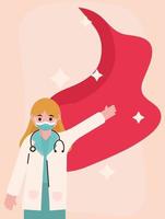 doctor hero female physician with stethoscope protective mask and waving cape vector