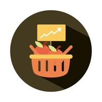 cesta de la compra frutas consumismo flecha hacia arriba aumento de los precios de los alimentos icono de estilo de bloque vector