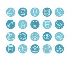 medical and health care equipment assistance icon set block style vector