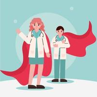 médico héroe médicos practicantes femeninos y masculinos con capas vector