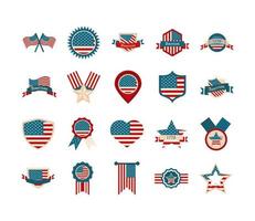 feliz día de la independencia, bandera americana, libertad nacional, patriotismo, iconos, conjunto, plano, estilo vector
