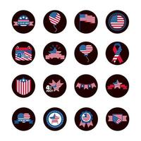 4 de julio celebración del día de la independencia memorial de honor iconos de la bandera americana conjunto de iconos de estilo plano y bloque vector