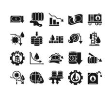 oil price crash crisis economy business financial icons set silhouette style icon vector