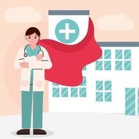 doctor hero professional physician with cape in hospital vector