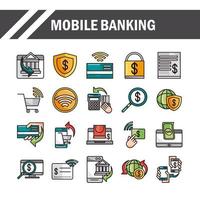 compras de banca móvil o mercado de pagos iconos de comercio electrónico en línea establecen línea y línea de relleno e icono de relleno vector