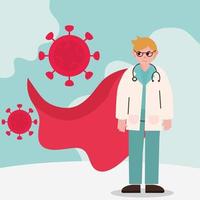 doctor héroe médico profesional con gafas estetoscopio capa roja coronavirus covid 19 vector