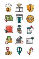 mobile banking shopping or payment market online ecommerce icons set line and fill line and fill icon vector