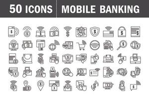Los iconos de comercio electrónico en línea del mercado de pagos o compras de banca móvil establecen la línea y el icono de estilo de línea de relleno vector