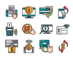 mobile banking shopping or payment market online ecommerce icons set line and fill line and fill icon vector