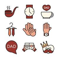 feliz día del padre celebración accesorios mensaje decoración fiesta conjunto de iconos icono de línea y relleno vector