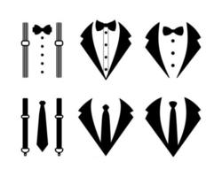 Icono de esmoquin trajes de boda con pajarita y con corbata aislar sobre fondo blanco. vector