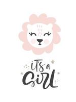 Pink Lioness hand drawn illustration vector in doodle style and calligraphic text Its a girl