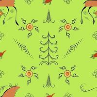 Vector seamless pattern with deer and traditional folk patterns in the style of Mezen painting