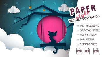 corte de papel estilo gato y luna con nubes vector