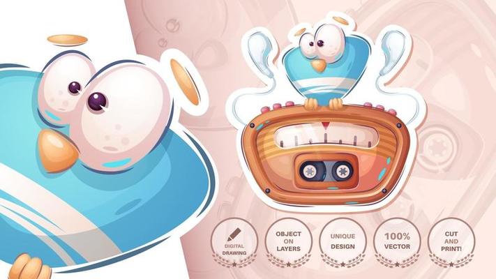 Cartoon character bird listening to the  radio