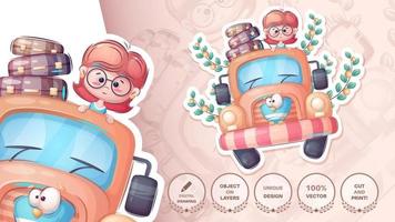 Cartoon character girl driving car sticker vector