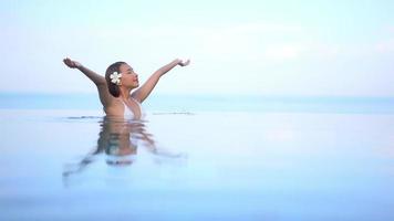 Asian woman relax and enjoy around outdoor swimming pool video