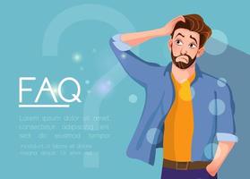 Young man standing near big question symbol and he needs to ask help or advice via live chat help desk or faq Flat concept vector illustration of online support on blue background