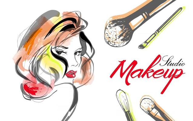 Vector hand drawn illustration with woman and makeup brushes Concept for beauty salon cosmetics label cosmetology procedures visage and makeup
