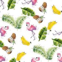 Seamless pattern with tropical leaves coconuts bananas and flamingos vector