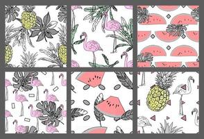 Set of abstract seamless patterns with hand drawn floral elements Memphis style vector