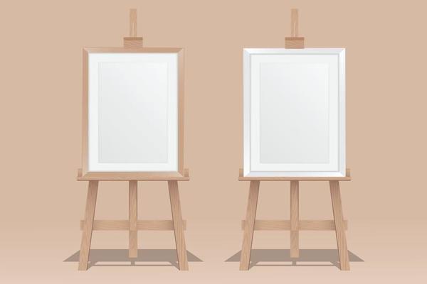 Wooden easel stands with picture frame