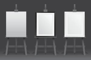 Wooden easel stands with picture frames on black background vector