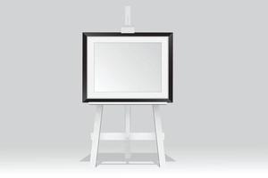 Wooden easel stand with picture frame on white background vector