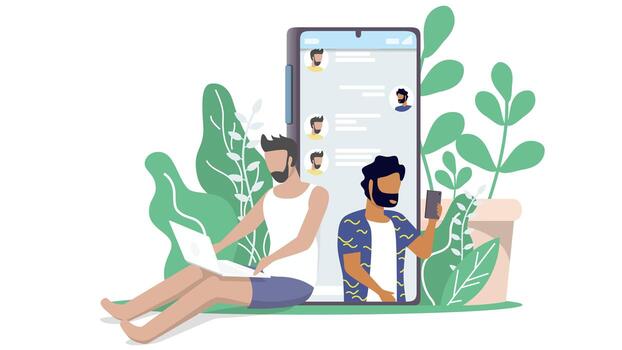 Gay Man lover chat over the mobile phone through application over internet with background of natural tree leaves in minimal design Social distancing while in covid19 corona virus outbreak vector