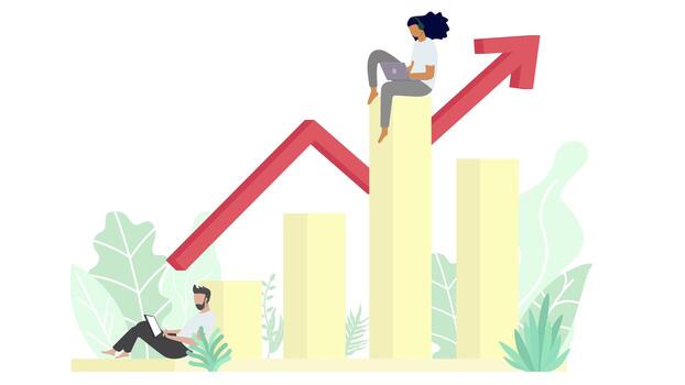 People are working on their computer online and sitting on the up soaring bar chart with natural tree leaf in minimal design Online Business concept vector
