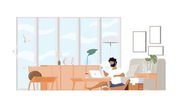 Estudiar desde casa a través de una computadora portátil en línea en un mínimo de trabajo de diseño vectorial desde casa Estudio de videoconferencia en línea debido al brote de covid19 vector