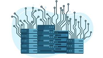 Tecnología de concentrador de servidores informáticos en muchos estilos tecnología bitcoin concepto en línea de criptomonedas vector