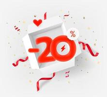 Twenty percent discount vector banner with white opened box and red elements