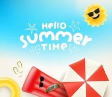 Hello summer time vector illustration with different beach stuff