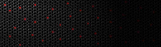 Abstract dark black geometric hexagonal mesh material header with red dots Metallic technology banner with blank space for your logo Vector abstract widescreen background