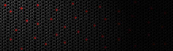 Encabezado de material de malla hexagonal geométrico negro oscuro abstracto con puntos rojos banner de tecnología metálica con espacio en blanco para su logotipo vector fondo de pantalla panorámica abstracta