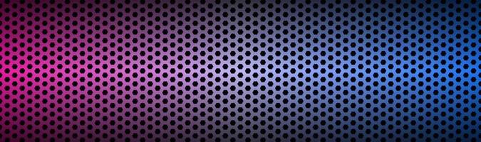 Abstract blue and purple neon geometric hexagonal mesh material header Perforated metallic technology banner Vector abstract widescreen background