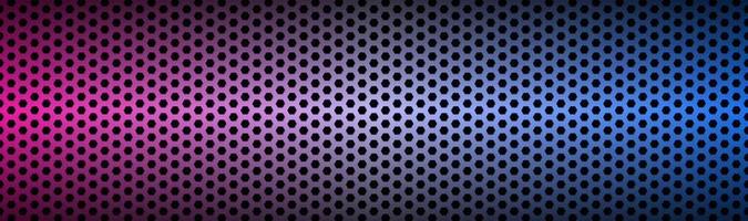 Abstract blue and purple neon geometric hexagonal mesh material header Perforated metallic technology banner Vector abstract widescreen background