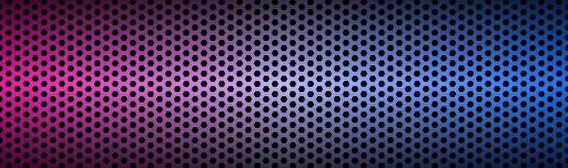 Abstract blue and purple neon geometric hexagonal mesh material header Perforated metallic technology banner Vector abstract widescreen background