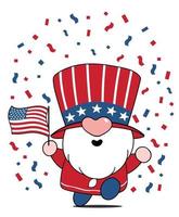 Cute Gnome with America flag 4th of July dependence day cartoon doodle vector