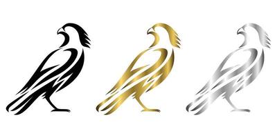 three color black gold silver line art Vector illustration on a white background of a falcon Suitable for making logo