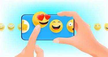 Man holding smartphone with emojis to react vector