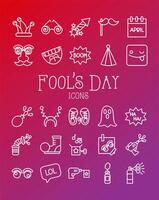 bundle of fools day set icons in red background vector