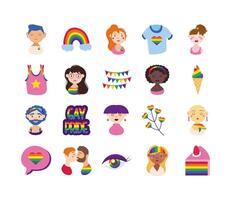 bundle of gay pride icons and people hand draw style vector