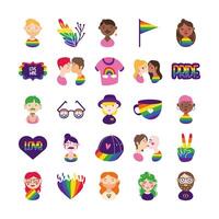 bundle of gay pride icons and people hand draw style vector