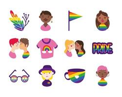 bundle of gay pride icons and people hand draw style vector